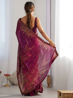 Rajwada Wine Georgette Embellished Solid Saree For Women