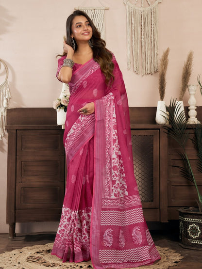 Rajwada Pink Cotton Linen Zari Work Saree For Women