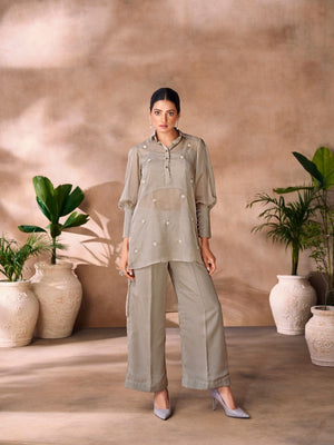 Rajwada Grey Organza Embellished Stitched Co-Ord Set For Women