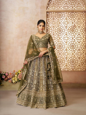Rajwada Olive Soft Net Embroidered Semi-Stitched Lehenga For Women