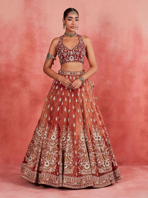 Rajwada Rust Mauve Silk Blend Embellished Semi Stitched Lehenga For Women