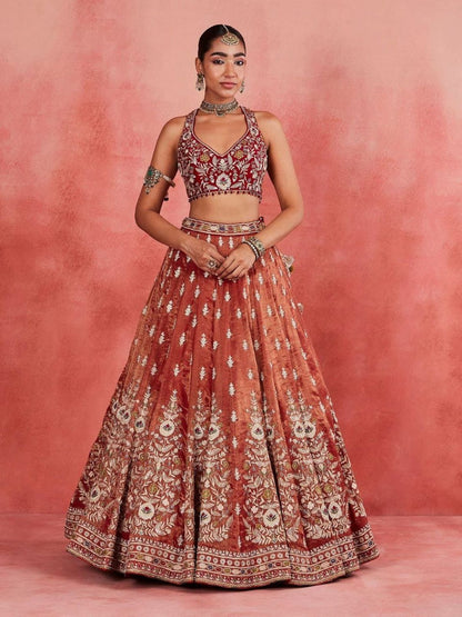 Rajwada Rust Mauve Silk Blend Embellished Semi Stitched Lehenga For Women