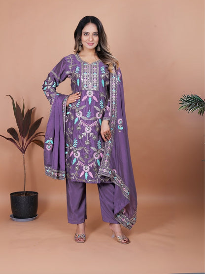 Rajwada Light Purple Chiffon Embroidered Stitched Kurta Set For Women