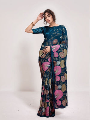 Rajwada Teal Blue Georgette Embellished Saree For Women