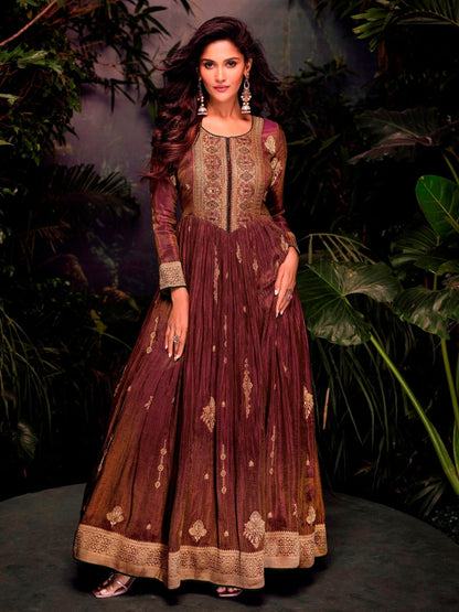 Rajwada Brown Jacquard Embroidered Semi Stitched Kurta With Dupatta For Women