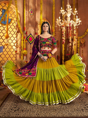 Rajwada Multicolor Viscose Cotton Embroidered Semi-Stitched lehenga With Stunning Tassels And Embroidered Waist Belt For Women