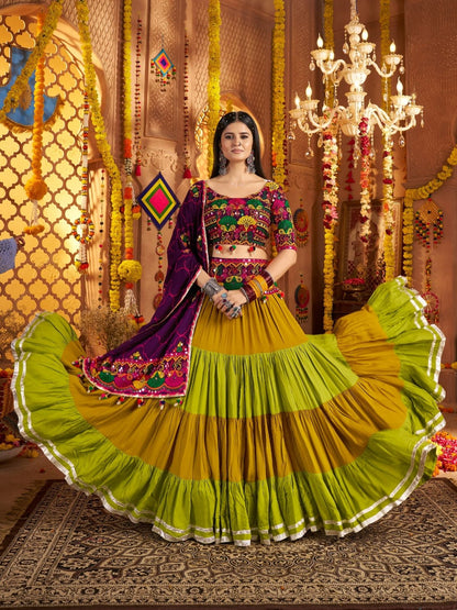 Rajwada Multicolor Viscose Cotton Embroidered Semi-Stitched lehenga With Stunning Tassels And Embroidered Waist Belt For Women