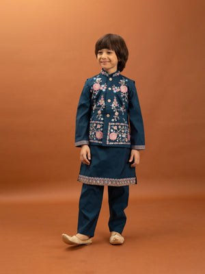 Rajwada Teal Blue Viscose Silk Embroidered Stitched Kurta Set For Kids