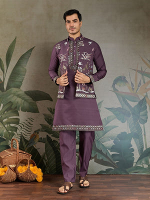 Rajwada Purple Viscose Silk Embroidered Stitched Kurta Set For Men