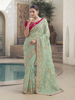 Rajwada Light Green Embroidered Silk Blend Saree With Unstitched Blouse For Women