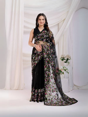 Rajwada Black Net Embroidered Elegant Saree For Women