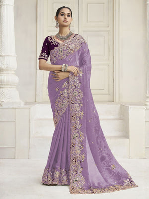 Rajwada Lavender Satin Embroidered Saree For Women
