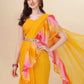 Rajwada Yellow Georgette Printed And Ruffle Saree For Women