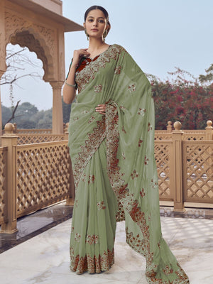 Rajwada Dusty Green Georgette Embellished Elegant Saree For Women