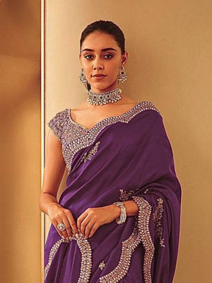 Rajwada Wine Silk Blend Embellished Saree For Women