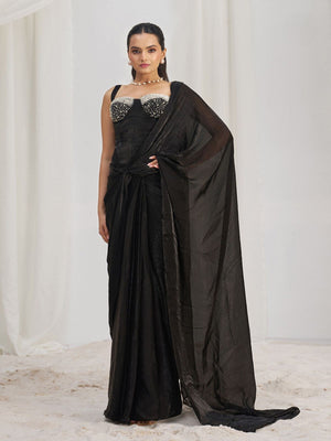 Rajwada Black Organza Solid Ready To Wear Saree With Stitched Blouse For Women