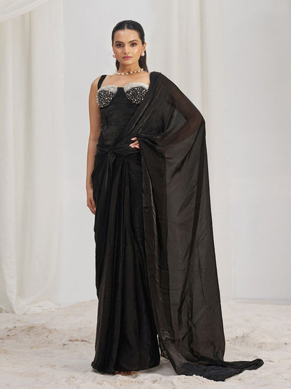 Rajwada Black Organza Solid Ready To Wear Saree With Stitched Blouse For Women