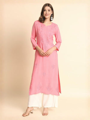 Rajwada Pink Rayon Embroidered Kurti For Women