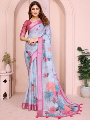 Rajwada Sky Blue Cotton Linen Printed Saree For Women