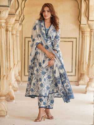 Rajwada White Rayon Printed Stitched Kurta Set For Women