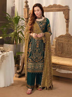 Rajwada Teal Green Georgette Embroidered Semi-Stitched Kurta Set For Women