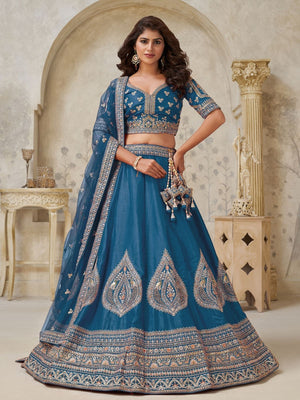Rajwada Teal Blue Silk Blend Embroidered Semi-Stitched Lehenga For Women