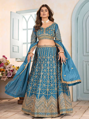 Rajwada Sky Blue Chinon Sequence Embroidered Semi-Stitched Lehenga For Women