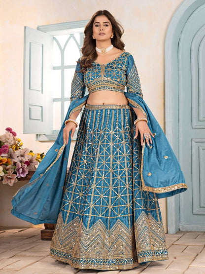 Rajwada Sky Blue Chinon Sequence Embroidered Semi-Stitched Lehenga For Women
