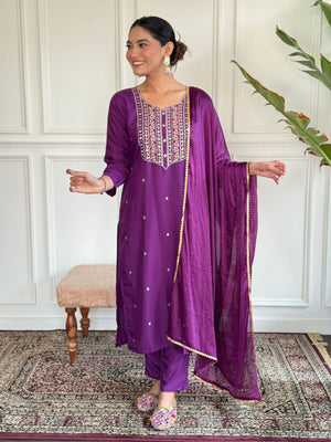 Rajwada Purple Rayon Embroidered Stitched Kurta Set For Women