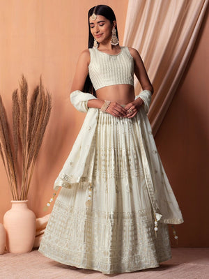 Rajwada White Georgette Embellished Semi-Stitched Lehenga For Women