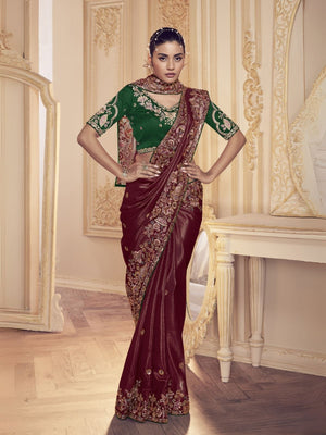 Rajwada Maroon Satin Embroidered Elegant Saree For Women