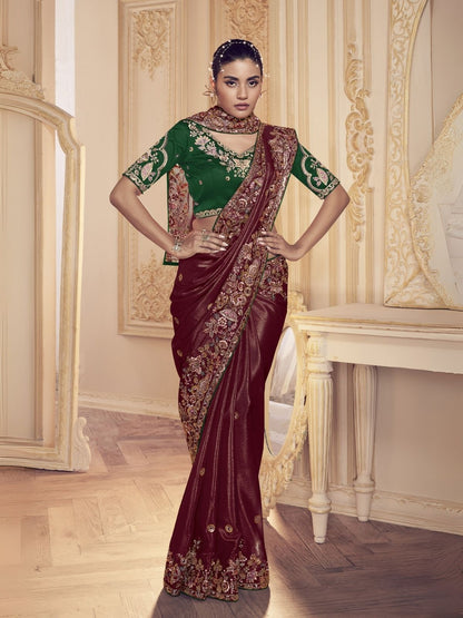 Rajwada Maroon Satin Embroidered Elegant Saree For Women