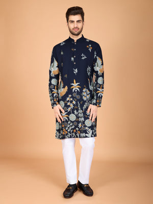 Rajwada Navy Blue Viscose Rayon Stitched Kurta For Men