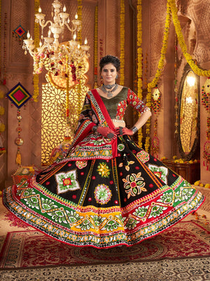 Rajwada Black Cotton Blend Embroidered Semi-Stitched lehenga For Women