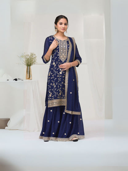 Rajwada Navy Blue Silk Blend Embroidered Semi-Stitched Kurta Set For Women