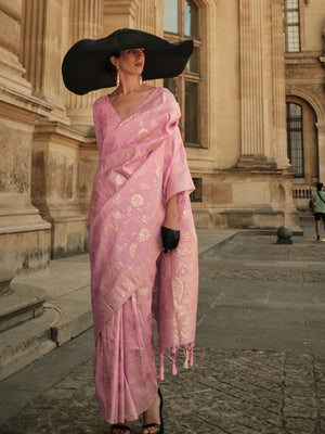 Rajwada Pink Silk Blend Woven Saree With Unstitched Blouse For Women