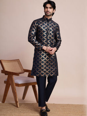 Rajwada Navy Blue Silk Blend Sequins Stitched  Kurta For Men