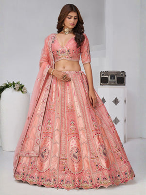 Rajwada Pink Silk Blend Embroidered Semi-Stitched Lehenga For Women