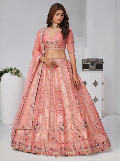 Rajwada Pink Silk Blend Embroidered Semi-Stitched Lehenga For Women