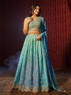 Rajwada Blue Organza Embroidered Semi-Stitched Lehenga For Women