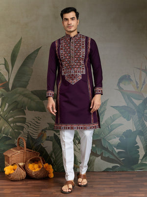Rajwada Purple Viscose Silk Embroidered Stitched Kurta For Men
