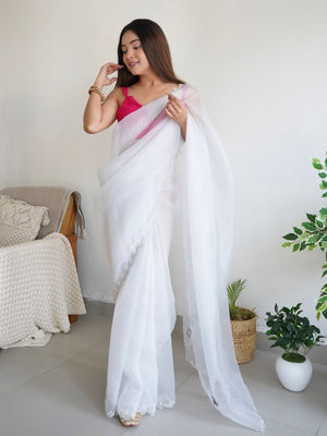Rajwada White Organza Embroidered Saree With Unstitched Blouse For Women