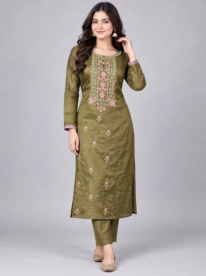 Dark Olive Silk Blend Embellished Kurta Set