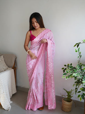 Rajwada Pink Georgette Embroidered Saree With Unstitched Blouse For Women
