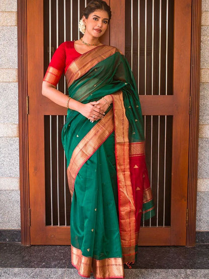 Rajwada Dark Green Silk Blend Zari Work Saree For Women