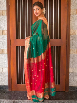 Rajwada Dark Green Silk Blend Zari Work Saree For Women