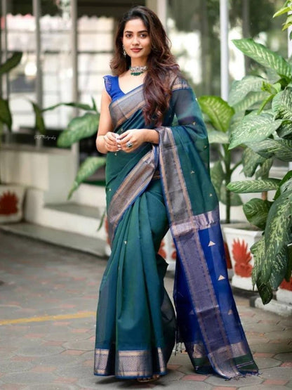 Rajwada Teal Silk Blend Zari Work Saree For Women