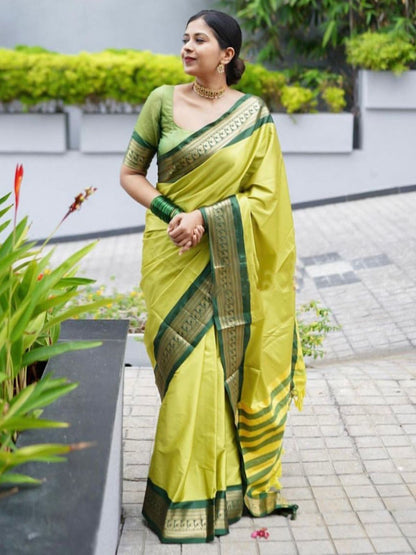 Rajwada Lime Yellow Silk Blend Zari Work Saree For Women
