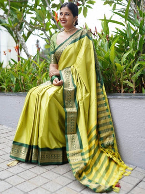 Rajwada Lime Yellow Silk Blend Zari Work Saree For Women