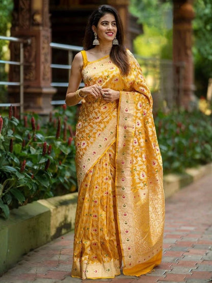 Rajwada Mustard Yellow Silk Blend Zari Work Saree For Women